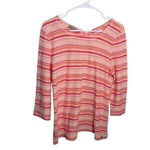 T by Talbots T-Shirt Women's Petite Medium Pink Striped Knit Round Neck Top